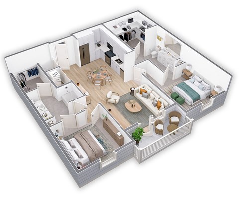 3d floor plan of a house with bedrooms and a living room